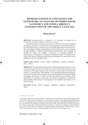 Representations in Linguistics and Literature: an Analysis of Ferdinand De Saussure’S and Lewis Carroll’S Construction of the Object Language