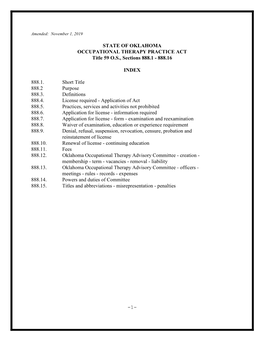 STATE of OKLAHOMA OCCUPATIONAL THERAPY PRACTICE ACT Title 59 O.S., Sections 888.1 - 888.16