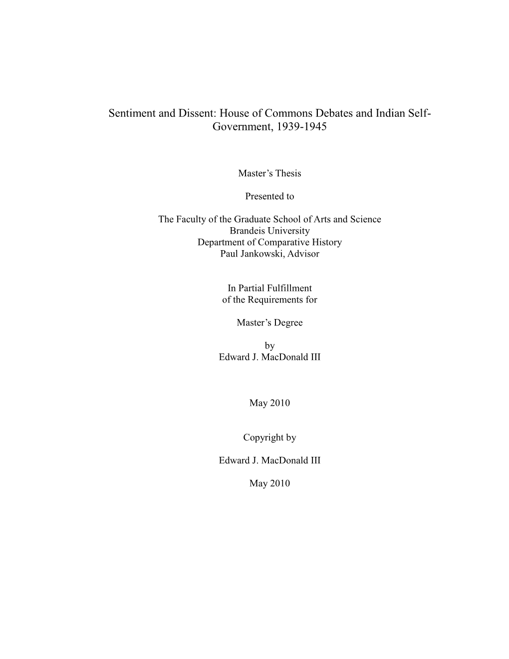 House of Commons Debates and Indian Self- Government, 1939-1945