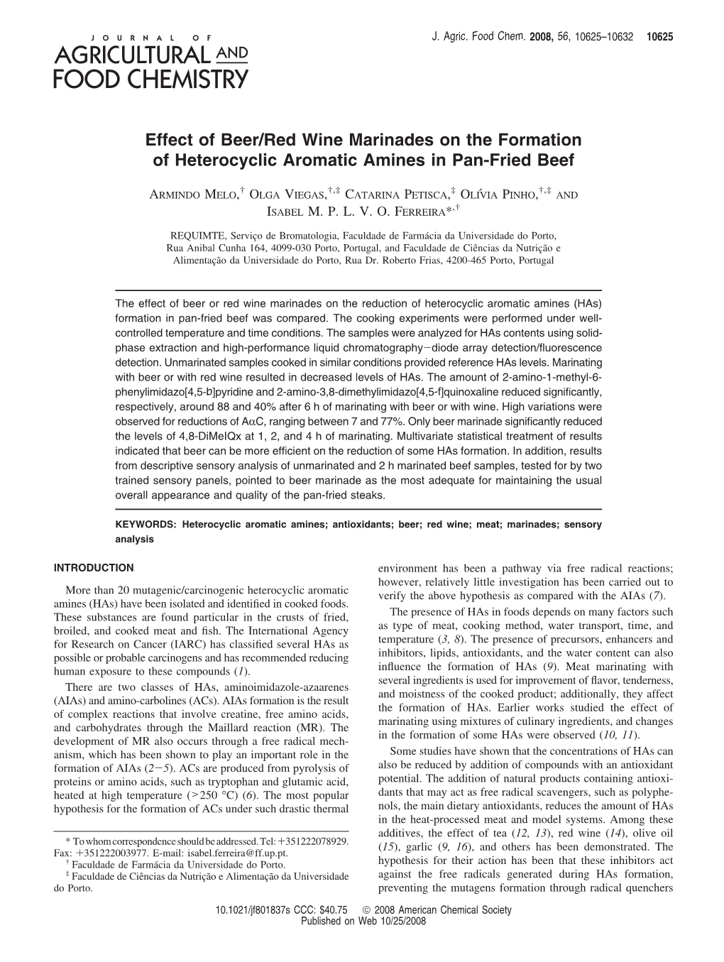 Effect of Beer/Red Wine Marinades on the Formation of Heterocyclic Aromatic Amines in Pan-Fried Beef