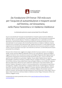 Da Fondazione CR Firenze 750 Mila Euro Per L'acquisto Di Autoambulanze E Trasporti Sociali Nell'aretino, Nel Grossetano, N