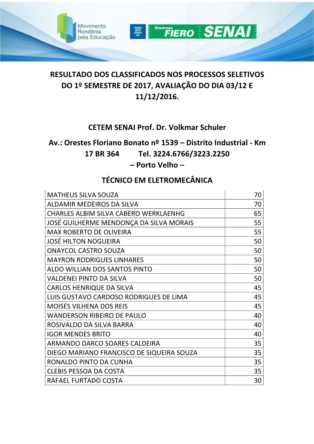 Resultado Dos Classificados Nos Processos Seletivos Do 1º Semestre De 2017, Avaliação Do Dia 03/12 E 11/12/2016