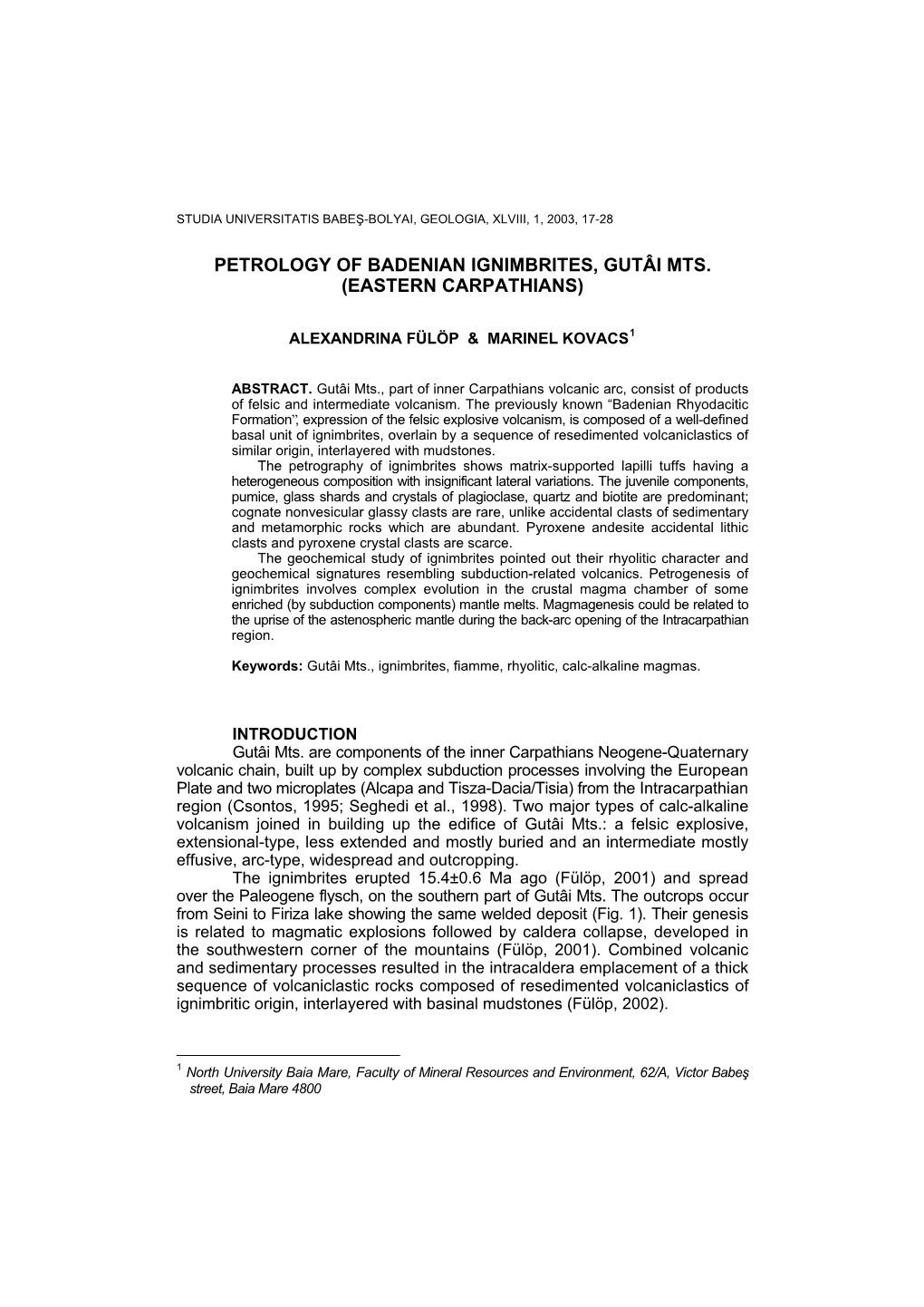 Petrology of Badenian Ignimbrites, Gutai Mts. (Eastern Carpathians)