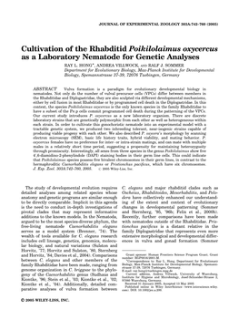 Cultivation of the Rhabditid Poikilolaimus Oxycercus As a Laboratory Nematode for Genetic Analyses Ã RAY L