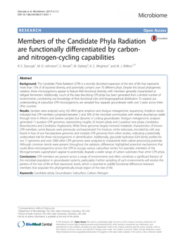 Members of the Candidate Phyla Radiation Are Functionally Differentiated by Carbon- and Nitrogen-Cycling Capabilities R