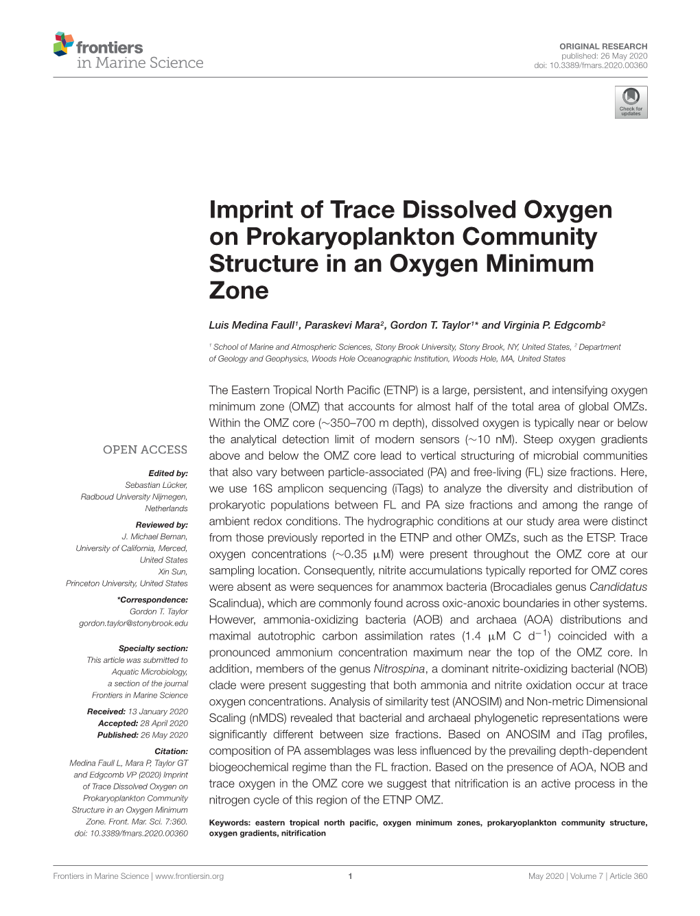Imprint of Trace Dissolved Oxygen on Prokaryoplankton Community Structure in an Oxygen Minimum Zone
