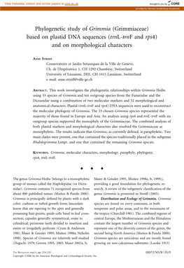 Phylogenetic Study of Grimmia (Grimmiaceae) Based on Plastid DNA Sequences (Trnl-Trnf and Rps4) and on Morphological Characters