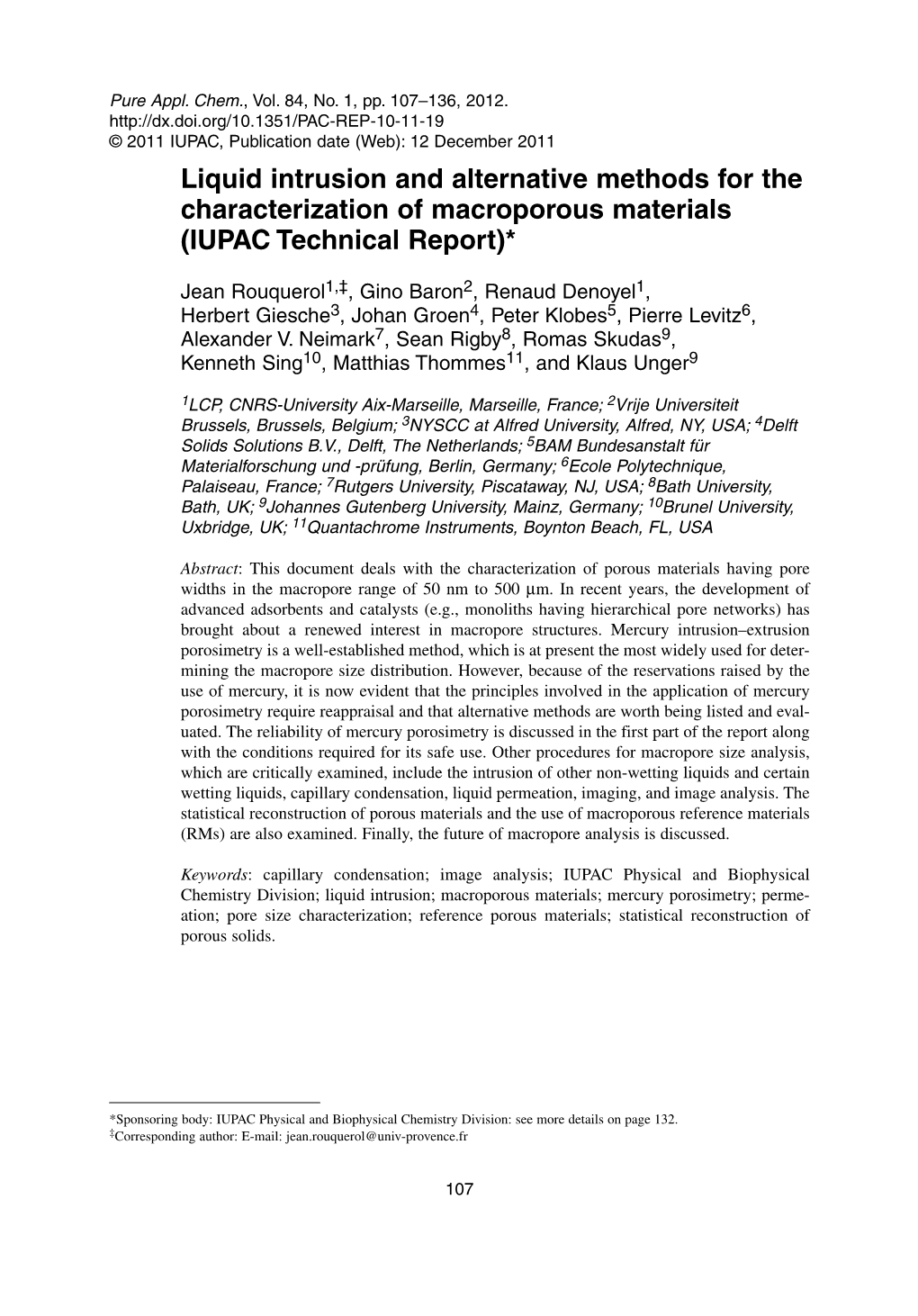 Liquid Intrusion and Alternative Methods for the Characterization of Macroporous Materials (IUPAC Technical Report)*