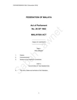 FEDERATION of MALAYA Act of Parliament No. 26 of 1963