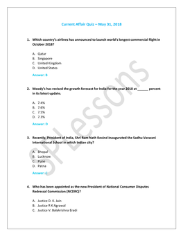 Current Affair Quiz – May 31, 2018