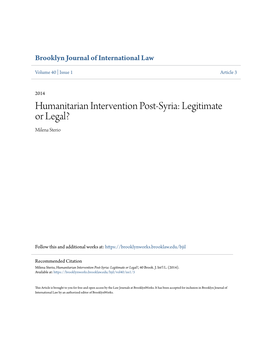 Humanitarian Intervention Post-Syria: Legitimate Or Legal? Milena Sterio