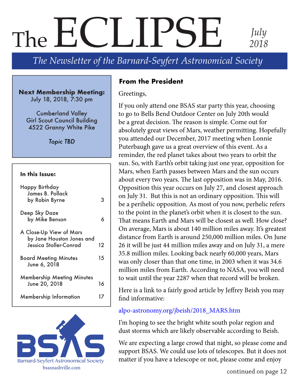 The Newsletter of the Barnard-Seyfert Astronomical Society