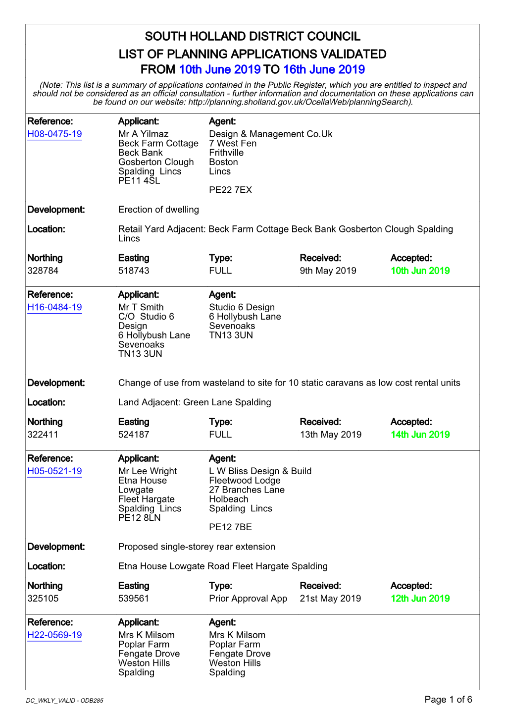 South Holland District Council List of Planning