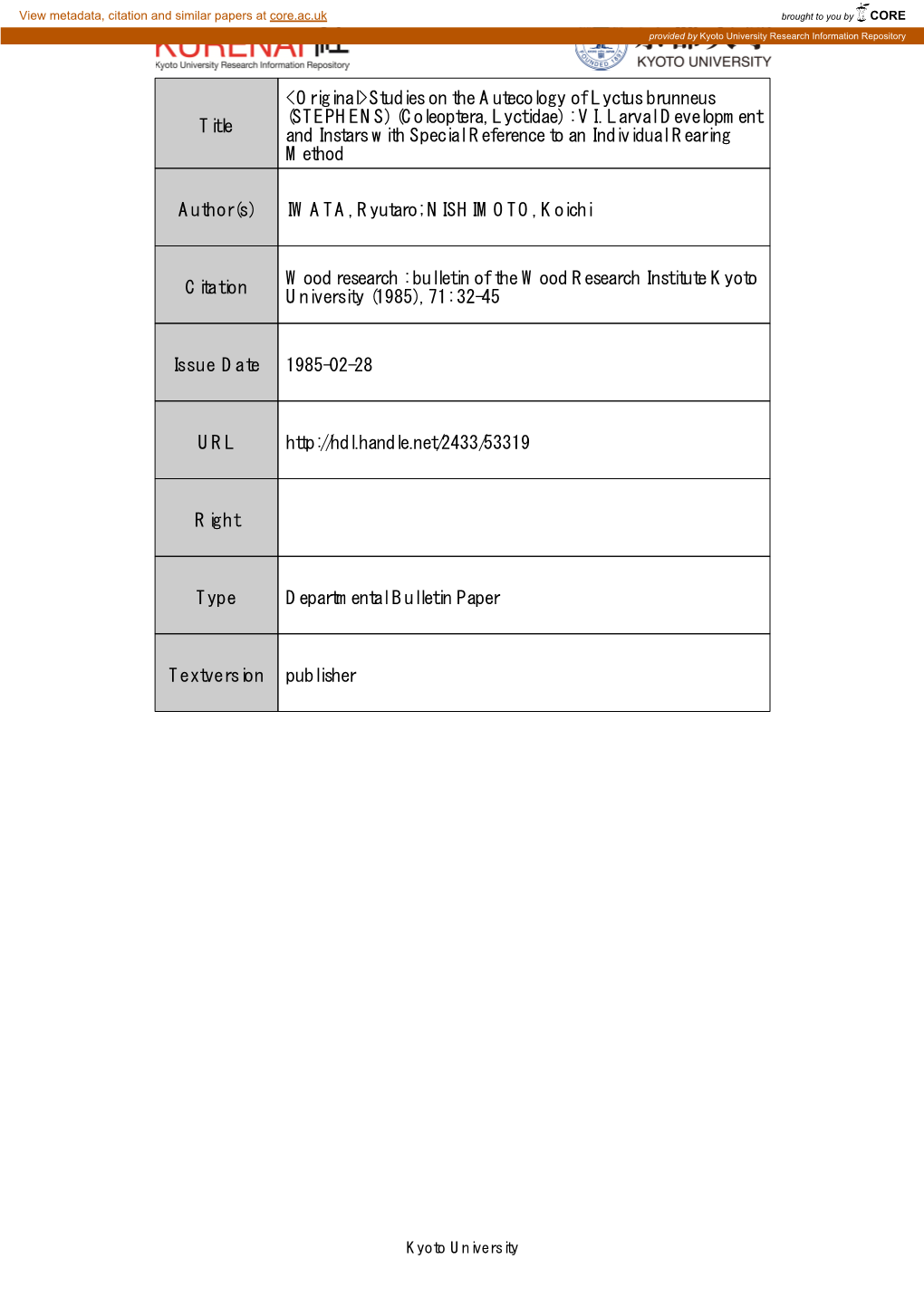 Title <Original>Studies on the Autecology of Lyctus Brunneus