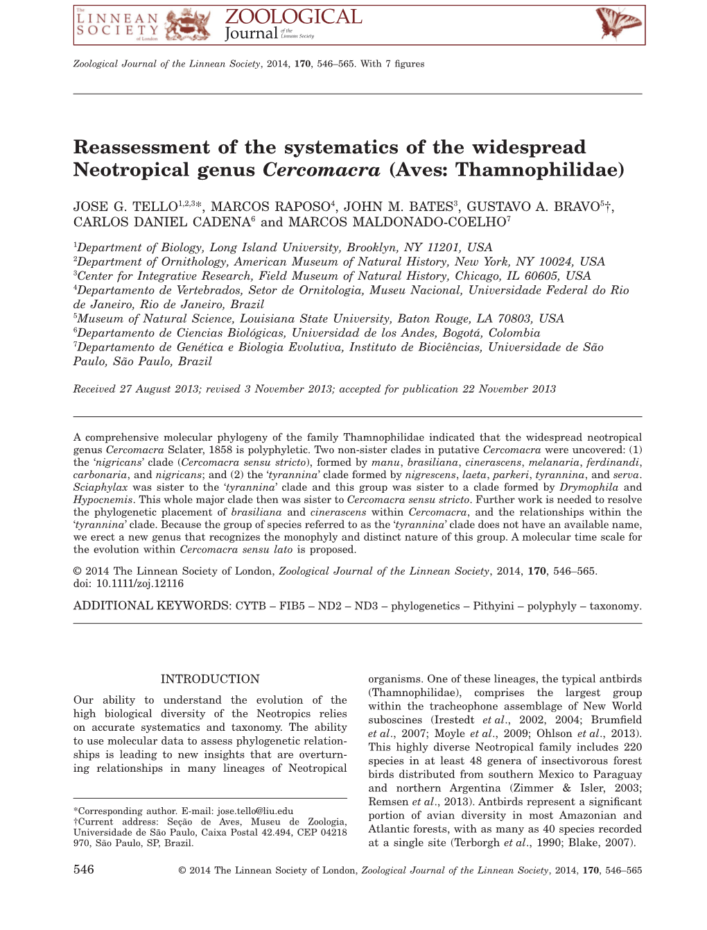 Reassessment of the Systematics of the Widespread Neotropical Genus Cercomacra (Aves: Thamnophilidae)