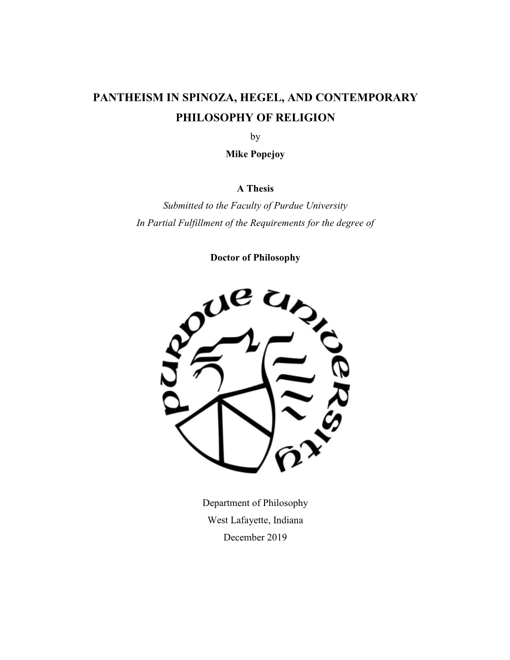 PANTHEISM in SPINOZA, HEGEL, and CONTEMPORARY PHILOSOPHY of RELIGION by Mike Popejoy