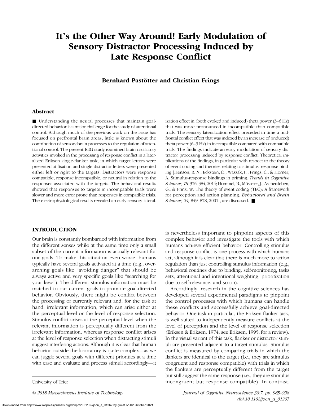 Early Modulation of Sensory Distractor Processing Induced by Late Response Conflict