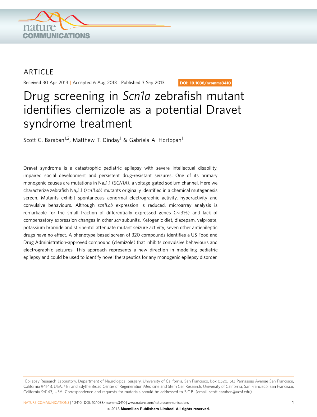 Drug Screening in Scn1a Zebrafish Mutant Identifies Clemizole As A