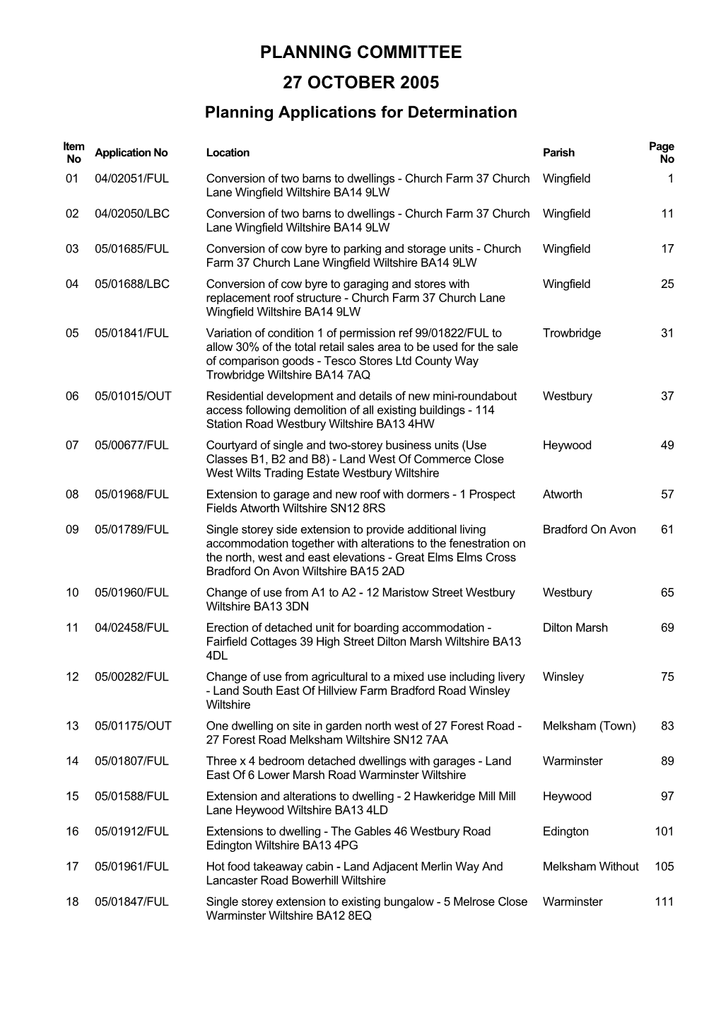 PLANNING COMMITTEE 27 OCTOBER 2005 Planning Applications for Determination