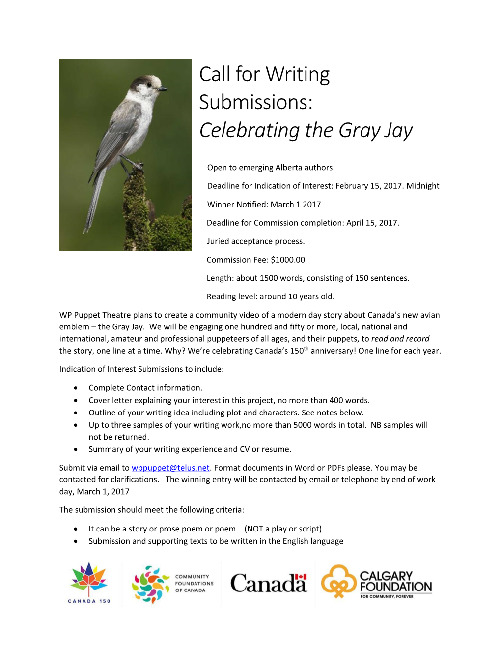 Call for Writing Submissions: Celebrating the Gray Jay