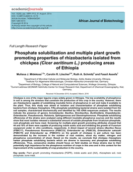 Phosphate Solubilization and Multiple Plant Growth Promoting Properties of Rhizobacteria Isolated from Chickpea (Cicer Aeritinum L.) Producing Areas of Ethiopia