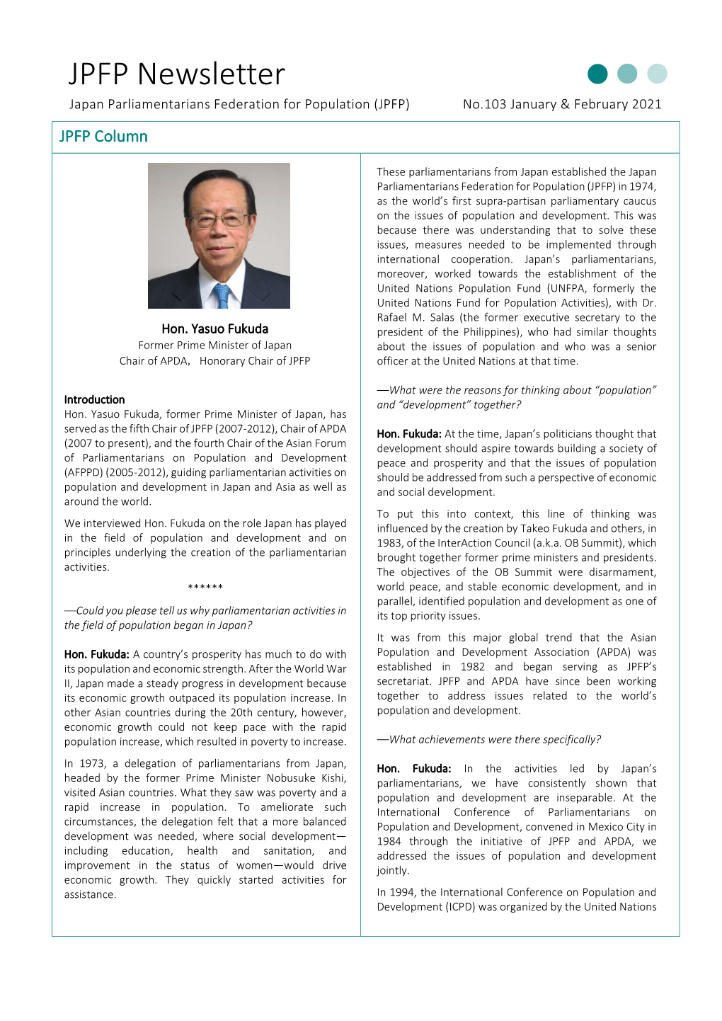 JPFP Newsletter Japan Parliamentarians Federation for Population (JPFP) No.103 January & February 2021 JPFP Column