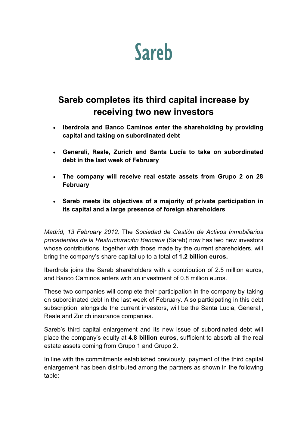 Sareb Completes Its Third Capital Increase by Receiving Two New Investors