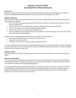 Regulatory Plan for SFY2021 Iowa Department of Natural Resources