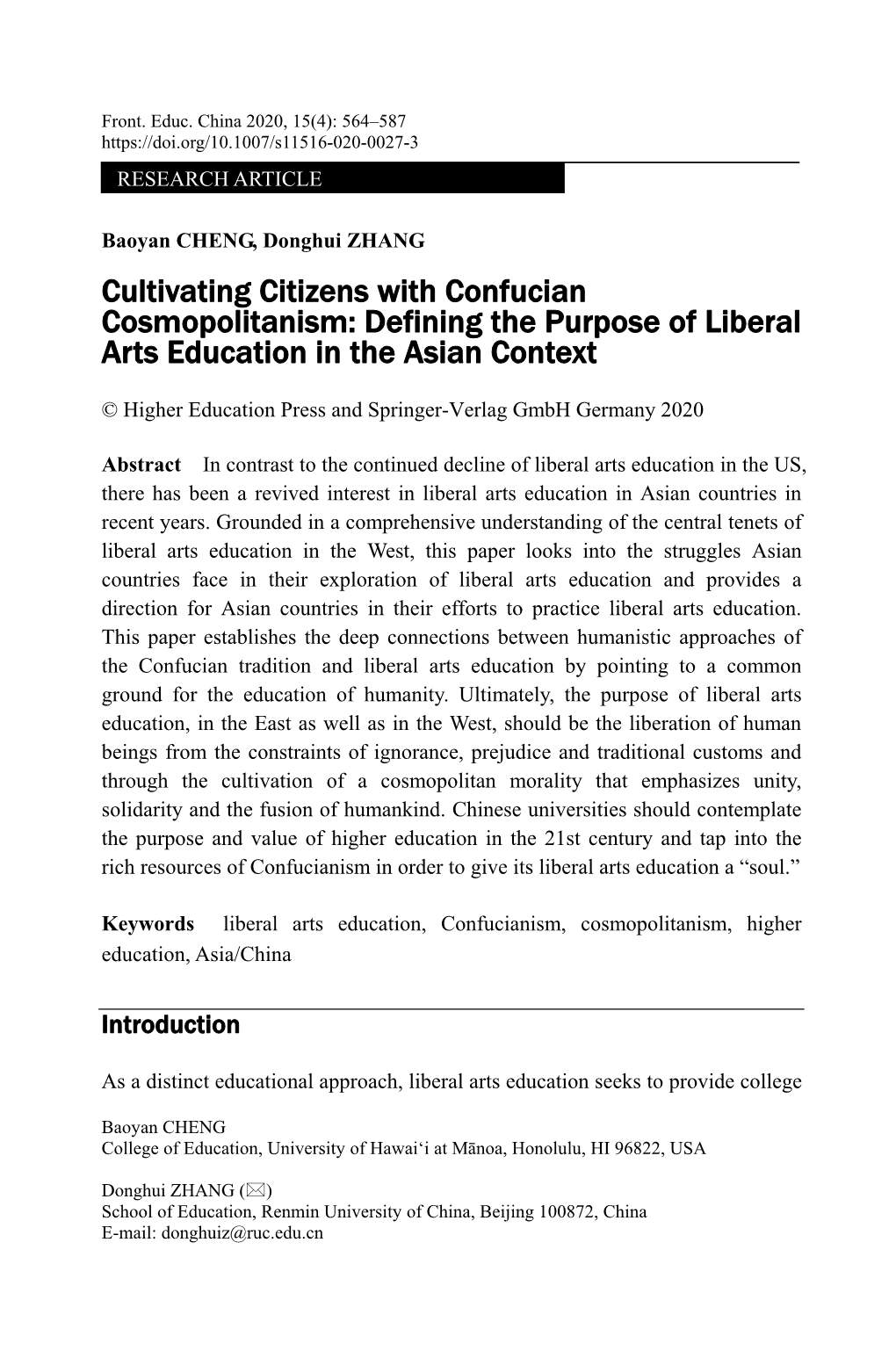 Cultivating Citizens with Confucian Cosmopolitanism: Defining the Purpose of Liberal Arts Education in the Asian Context