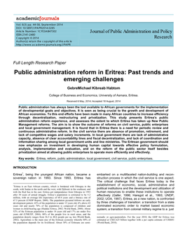Public Administration Reform in Eritrea: Past Trends and Emerging Challenges