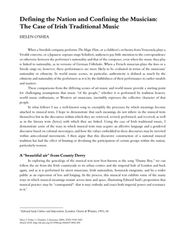 Defining the Nation and Confining the Musician: the Case of Irish Traditional Music