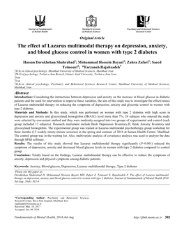 The Effect of Lazarus Multimodal Therapy on Depression, Anxiety, and Blood Glucose Control in Women with Type 2 Diabetes