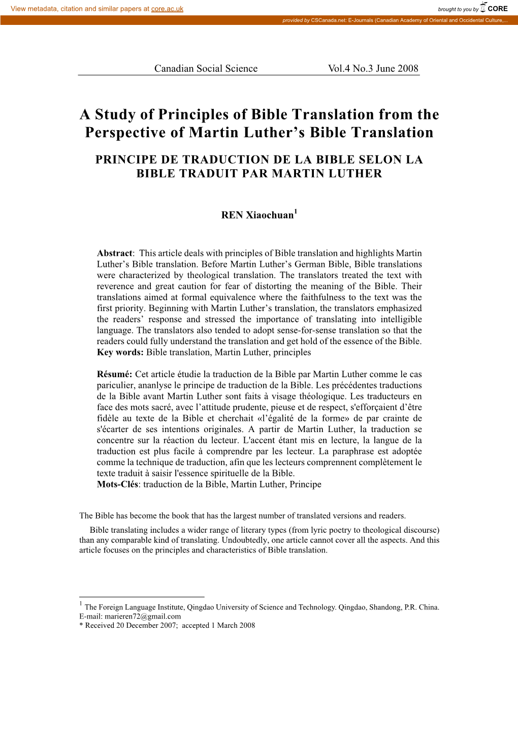 A Study of Principles of Bible Translation from the Perspective of Martin Luther's Bible Translation