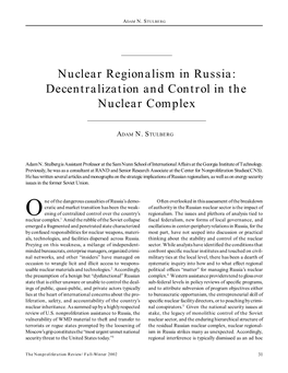 Nuclear Regionalism in Russia: Decentralization and Control in the Nuclear Complex