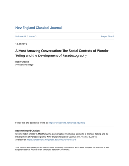 The Social Contexts of Wonder-Telling and the Development of Paradoxography," New England Classical Journal: Vol