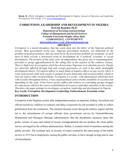 Corruption, Leadership and Development in Nigeria Introduction