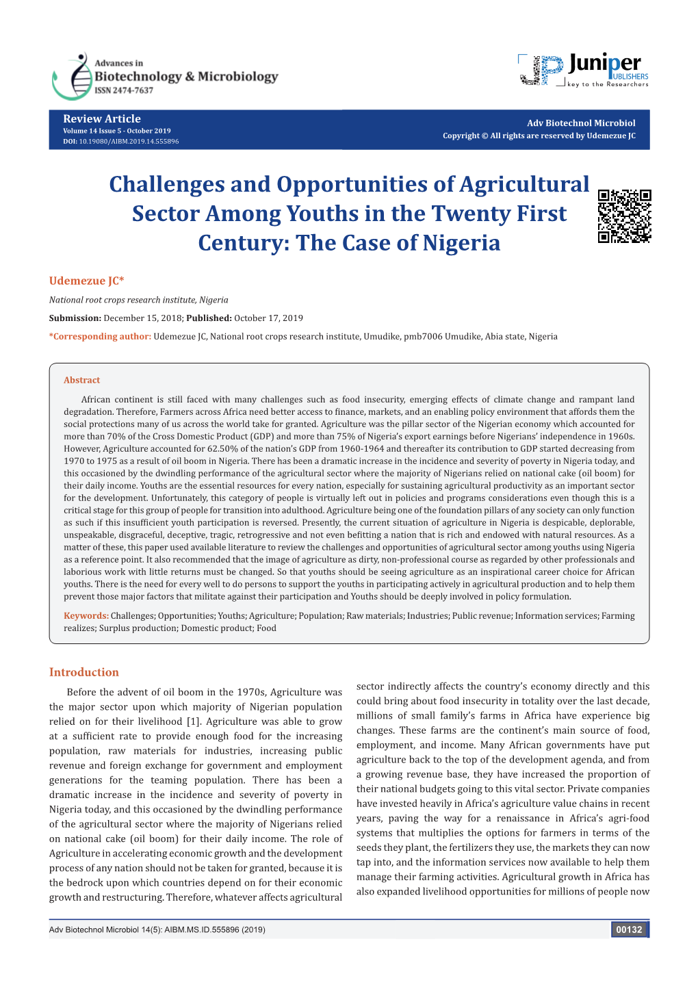 Challenges and Opportunities of Agricultural Sector Among Youths in the Twenty First Century: the Case of Nigeria