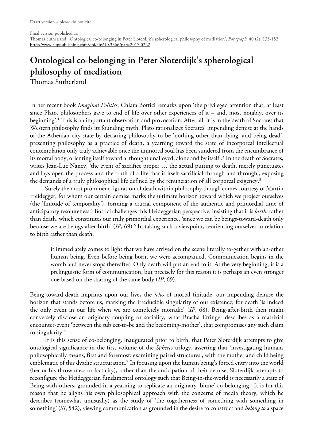 Ontological Co-Belonging in Peter Sloterdijk's Spherological