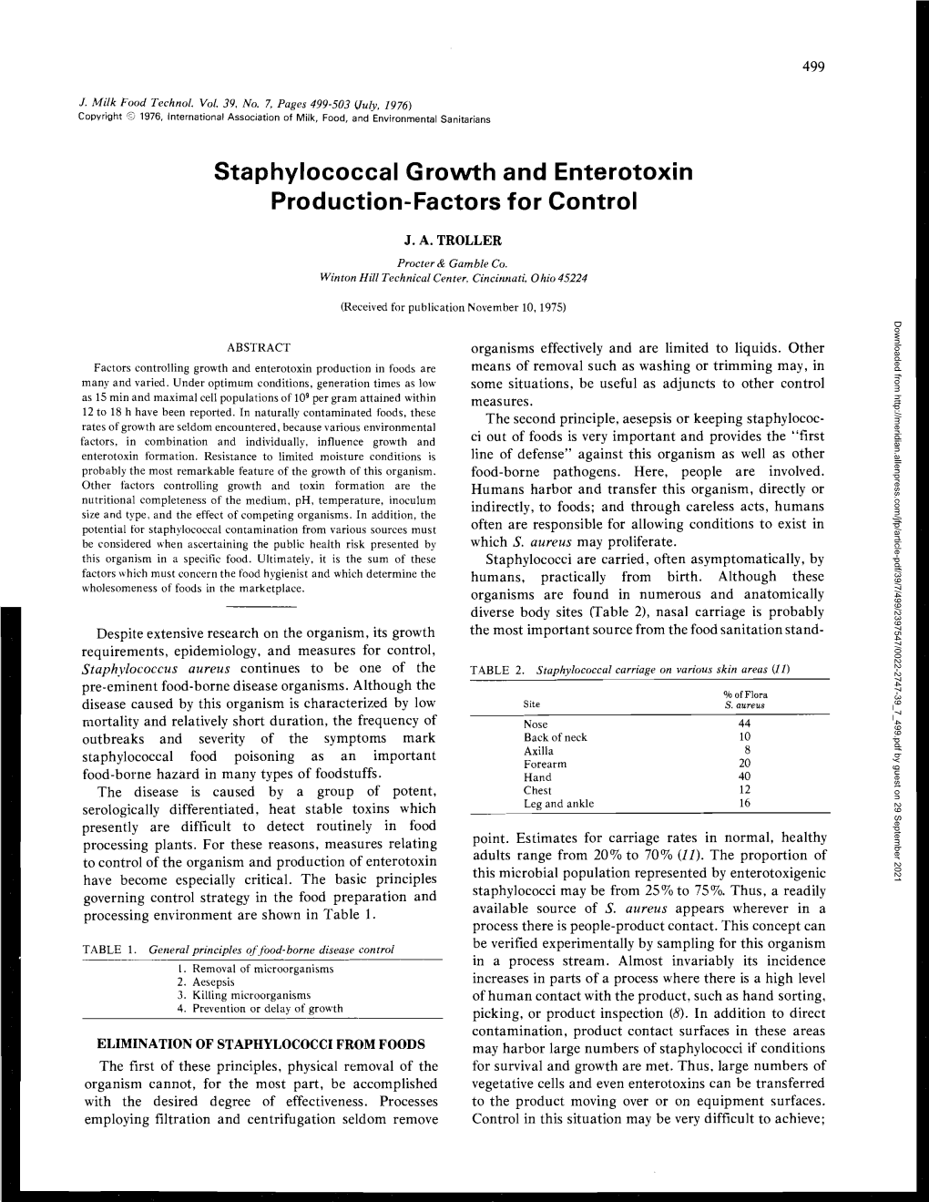 Staphylococcal Growth and Enterotoxin Production-Factors for Control
