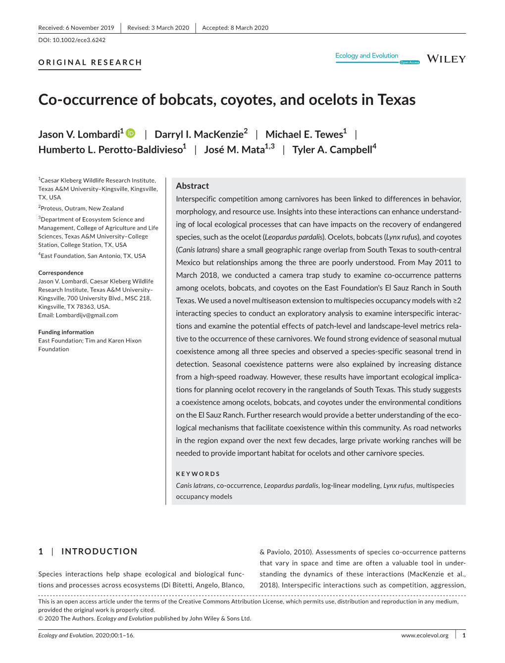 Occurrence of Bobcats, Coyotes, and Ocelots in Texas