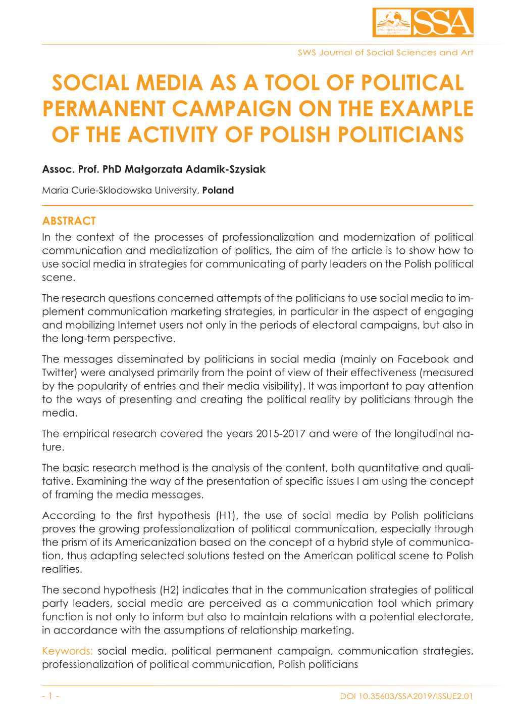 Social Media As a Tool of Political Permanent Campaign on the Example of the Activity of Polish Politicians