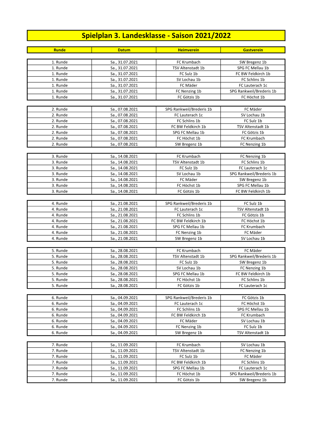 Spielplan 3. Landesklasse - Saison 2021/2022