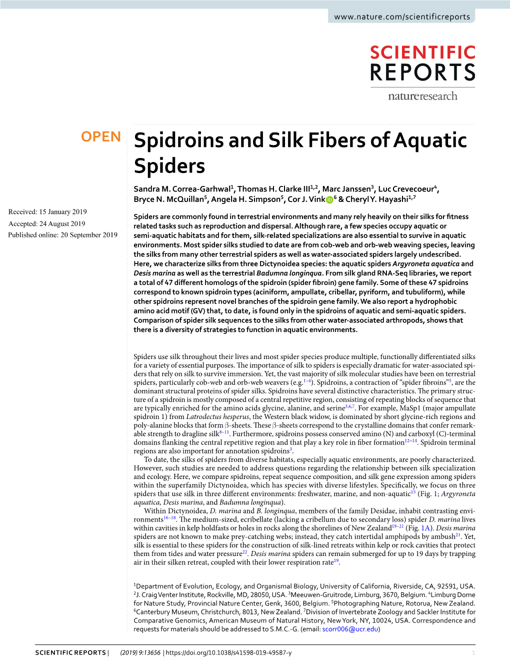 Spidroins and Silk Fibers of Aquatic Spiders Sandra M