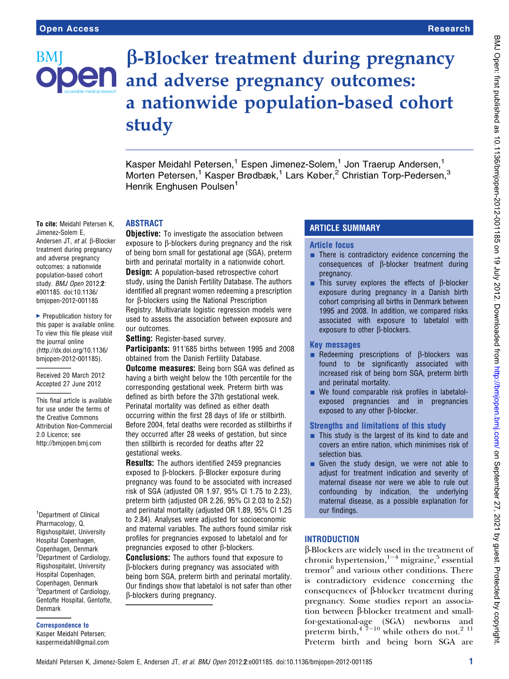 B-Blocker Treatment During Pregnancy and Adverse Pregnancy Outcomes: a Nationwide Population-Based Cohort Study