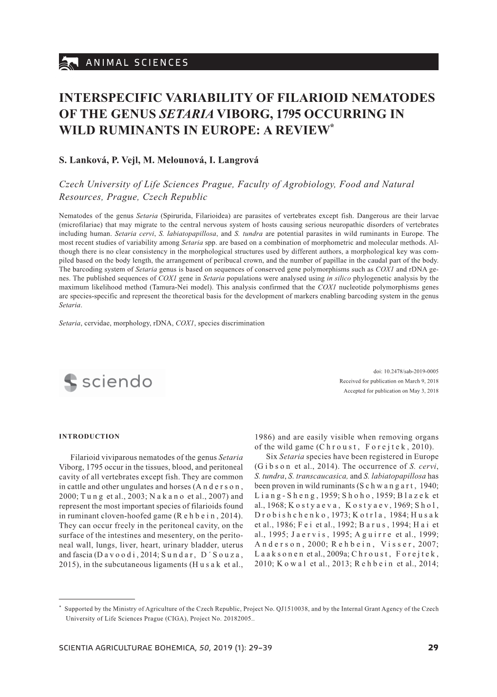 Interspecific Variability of Filarioid Nematodes of the Genus Setaria Viborg, 1795 Occurring in Wild Ruminants in Europe: a Review*