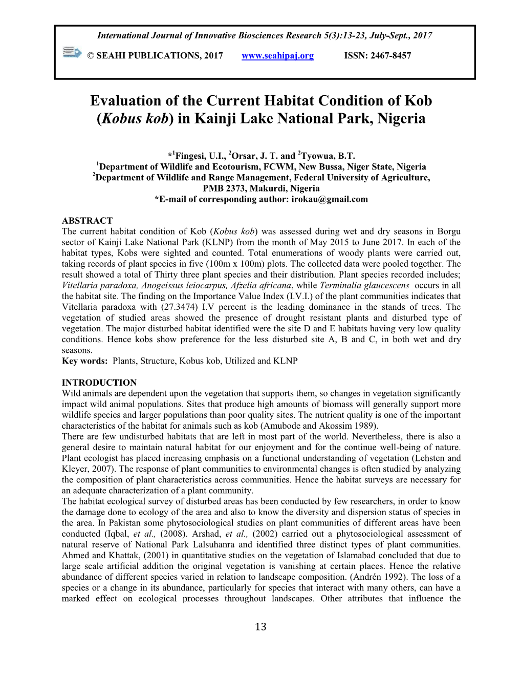 Evaluation of the Current Habitat Condition of Kob (Kobus Kob) in Kainji Lake National Park, Nigeria