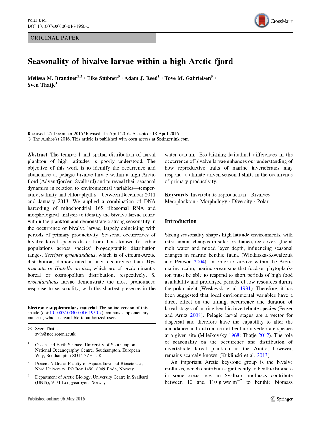 Seasonality of Bivalve Larvae Within a High Arctic Fjord