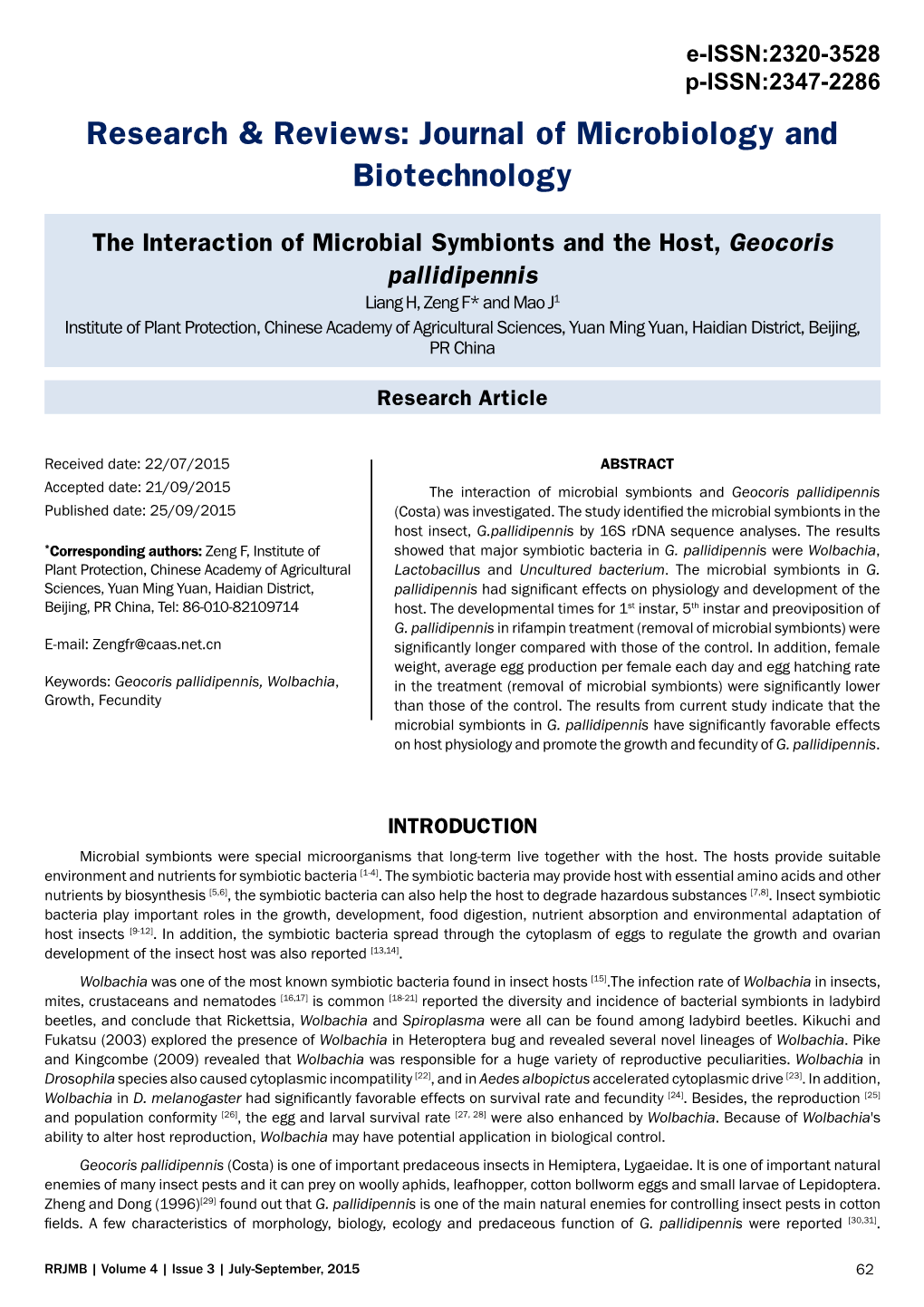 The Interaction of Microbial Symbionts and the Host, Geocoris Pallidipennis