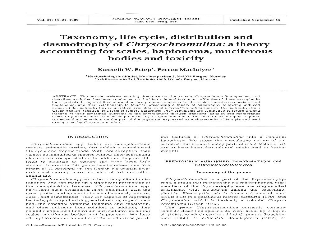 Dasmotrophy of Chrysochromulina: a Theory Accounting for Scales, Haptonema, Muciferous Bodies and Toxicity