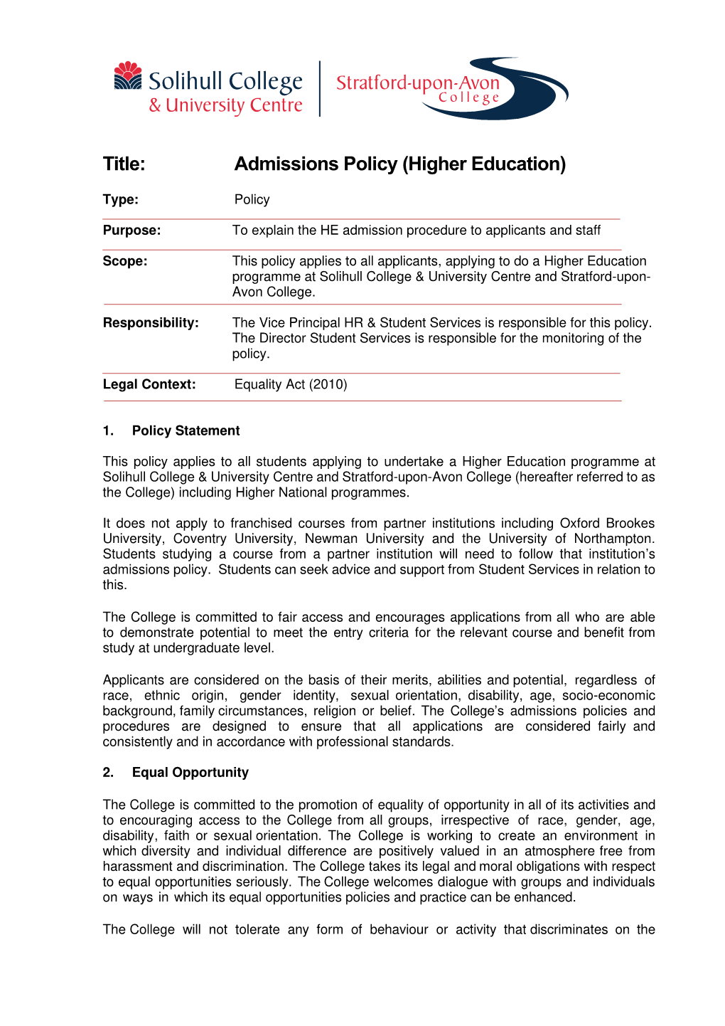 Title: Admissions Policy (Higher Education)